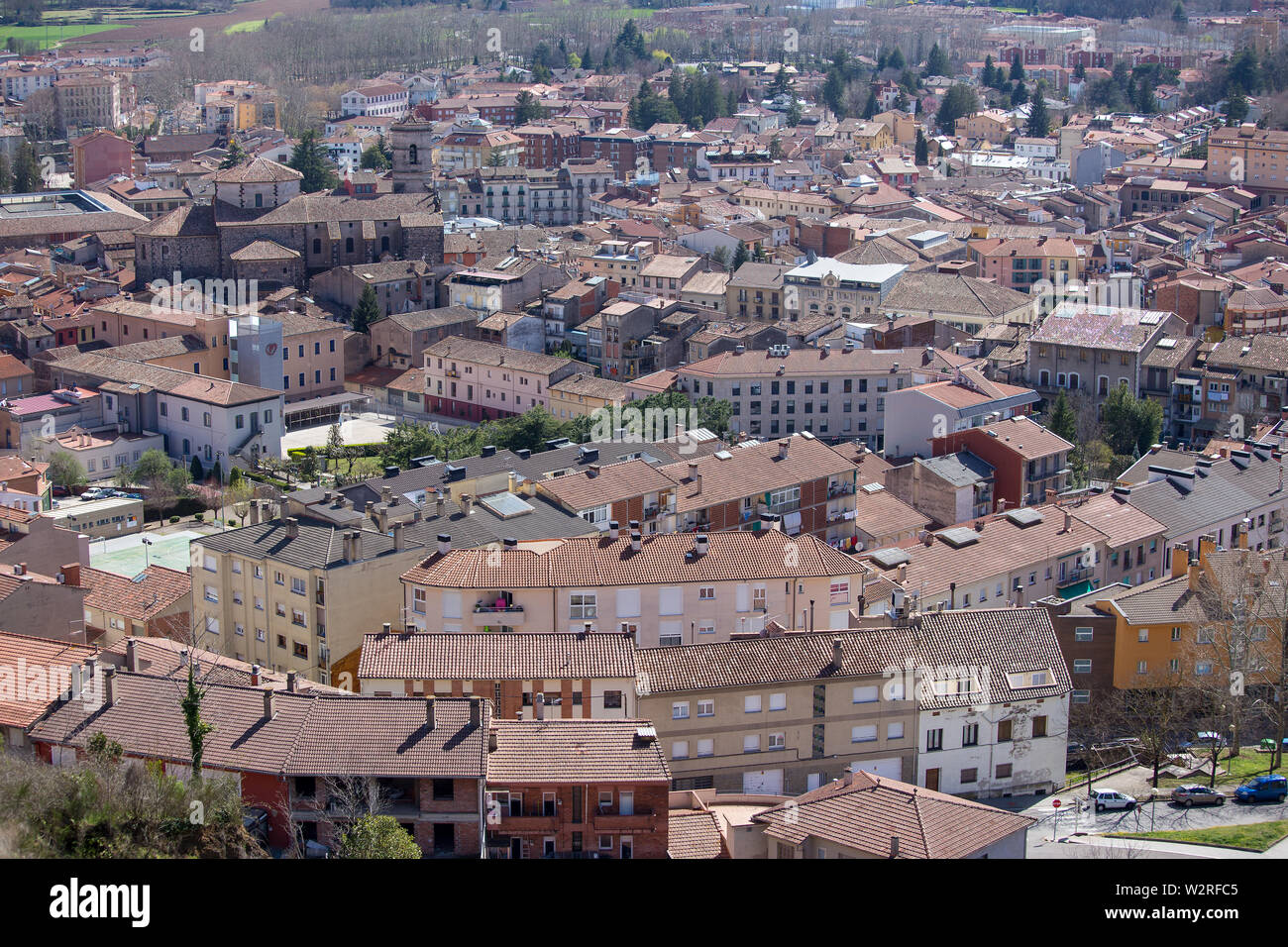 Aerial view of the town, buildings and street pattern  of Olot in Catalonia Spain Stock Photo