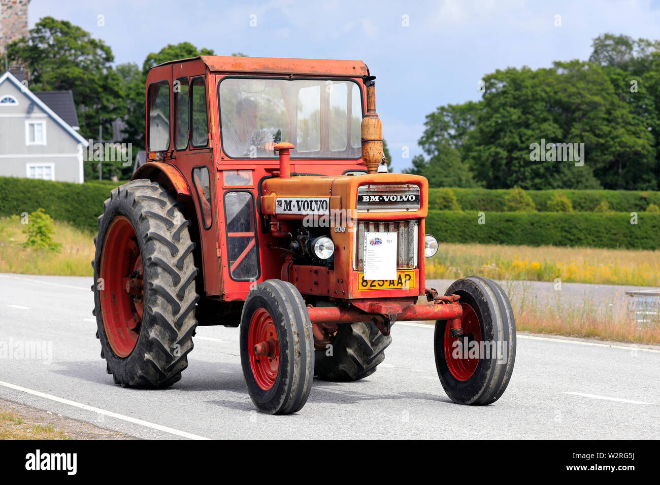 Kimito,Finland. July 6,2019. Red Volvo BM 600 tractor on Kimito Tractorkavalkad, Tractor Cavalcade, yearly tractor parade. 600 was introduced in 1967. Stock Photo
