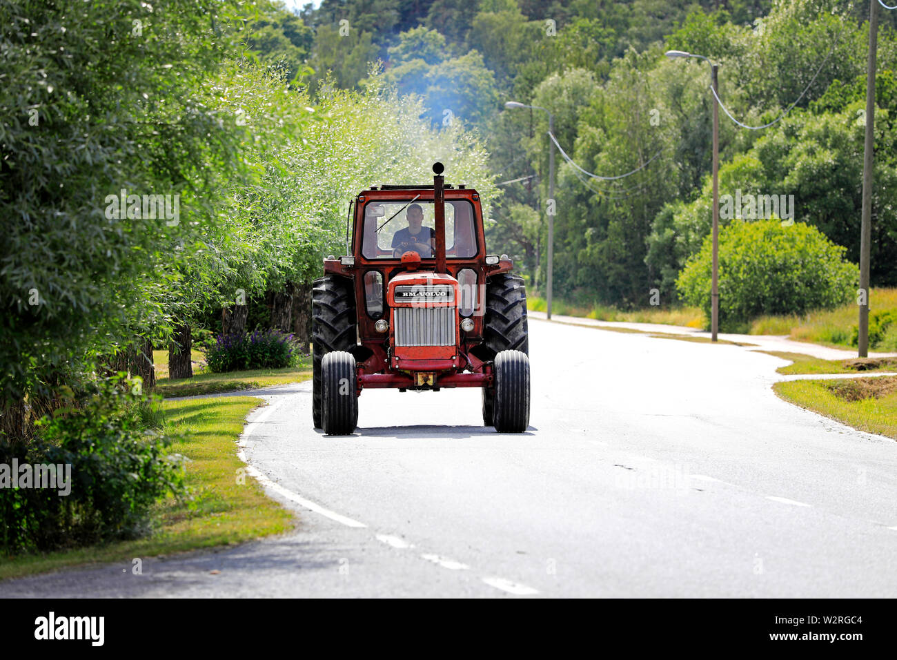 Kimito, Finland. July 6, 2019. Volvo BM tractor on Kimito Tractorkavalkad, Tractor Cavalcade, annual vintage tractor show and parade through the town. Stock Photo