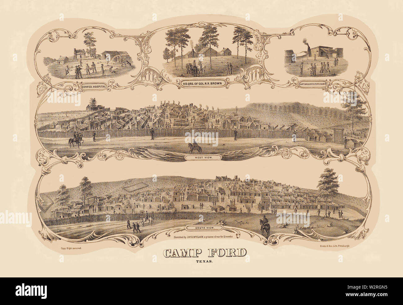 Wood cut engraving of the Camp Ford Prison Camp, Tyler, Texas.  Originally drawn by Corp. James S. McClain, F 120th Ohio, Infantry, captured on May 3, 1864, and held as a prisoner of war until the final exchange of prisoners on May 27, 1865.   The inserts show: left - the camp hospital located south of the prison; center - the headquarters of Col. Reuben R. Brown, 35th Texas Cavalry, who was in command of the camp from September 1864 until the war's end, and right - the cabin of Captain Elias Fraunfelter, Co. F, 120th Ohio, Captured on the Red River, May 3, 1864, exchanged May 27, 1865.   Note Stock Photo
