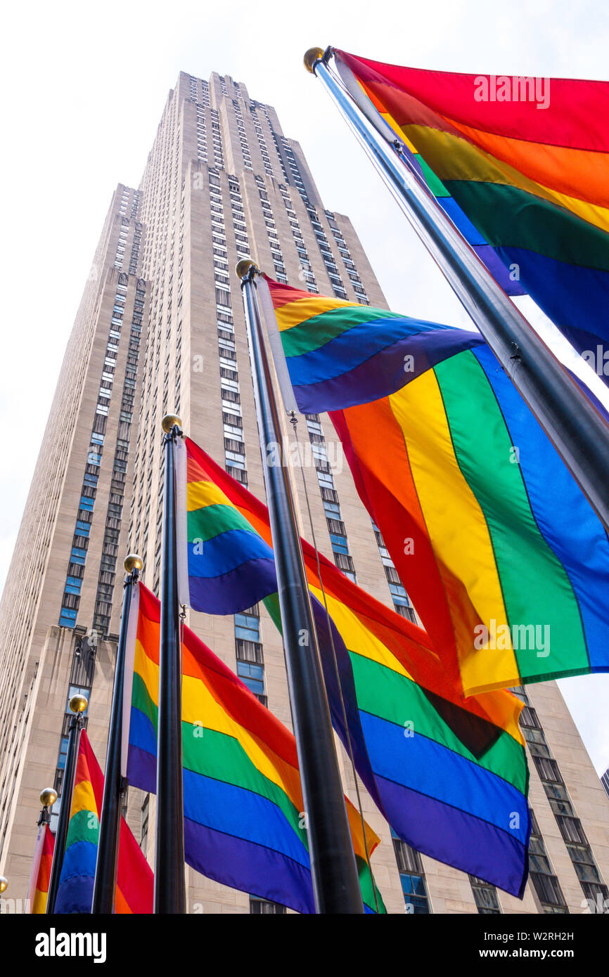 Rainbow color flags celebrate WorldPride at Rockefeller Center Plaza