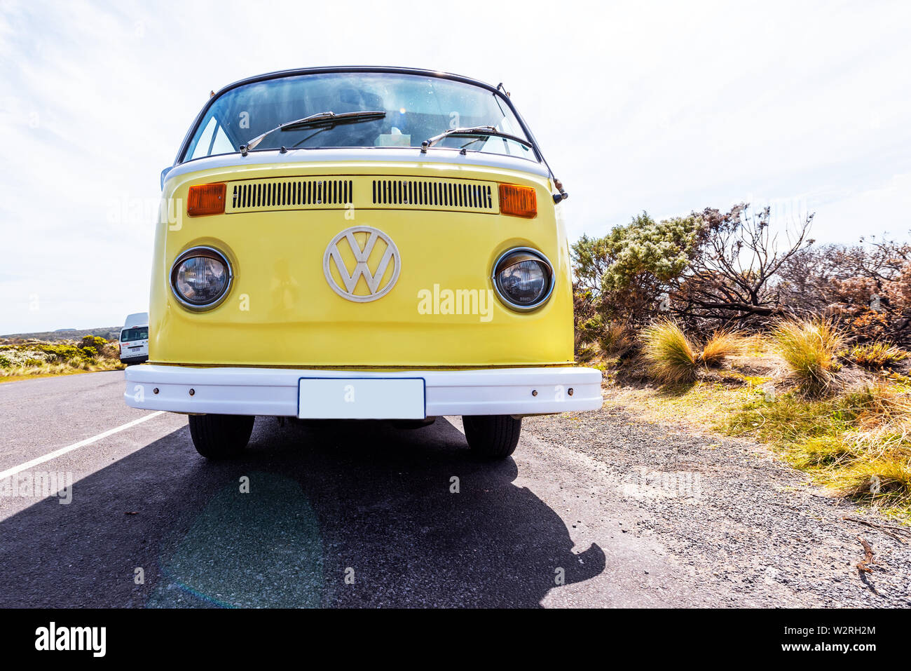 VICTORIA, AUSTRALIA - OCTOBER 30, 2018: Yellow retro Volkswagen van on the road Stock Photo