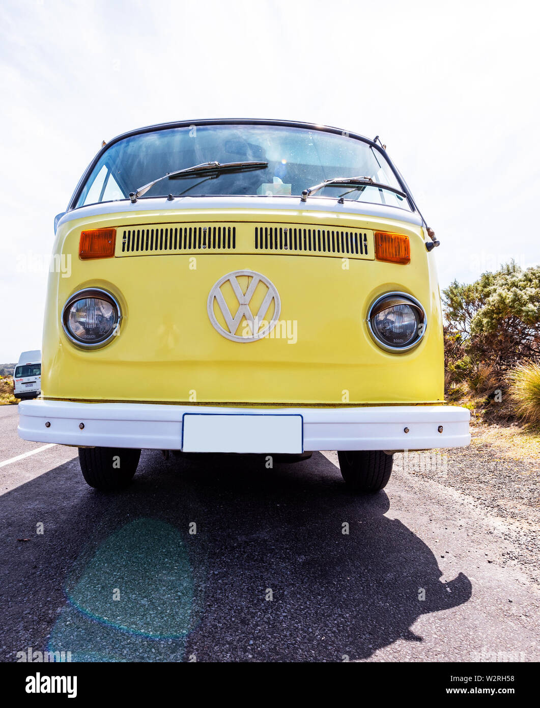 VICTORIA, AUSTRALIA - OCTOBER 30, 2018: Yellow retro Volkswagen van on the road. Stock Photo