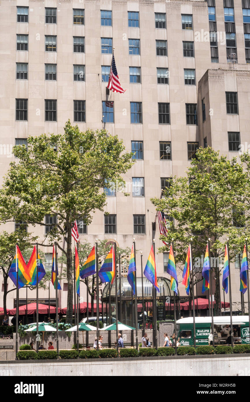 Rainbow color flags celebrate WorldPride at Rockefeller Center Plaza ...
