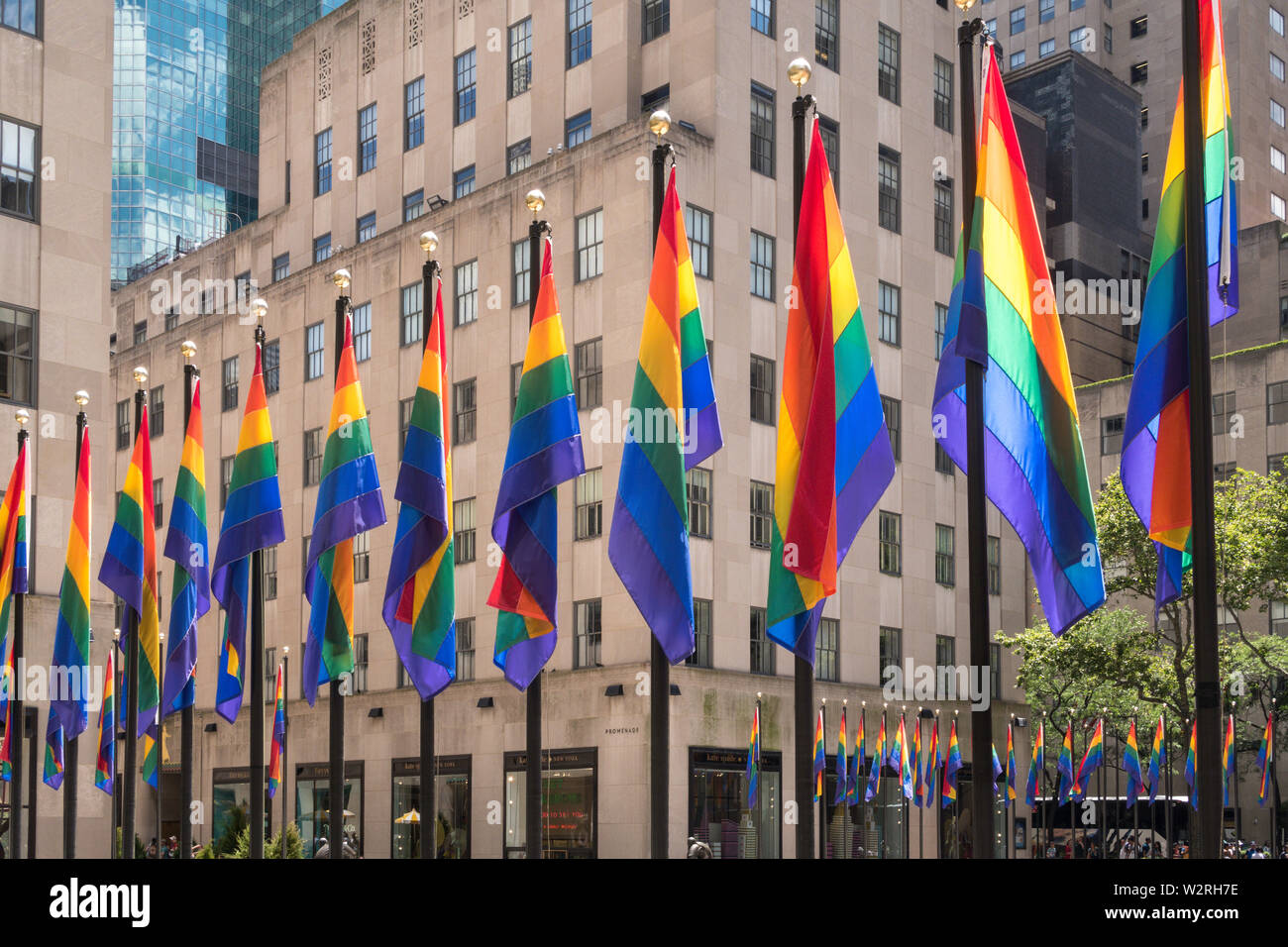 Rainbow color flags celebrate WorldPride at Rockefeller Center Plaza ...