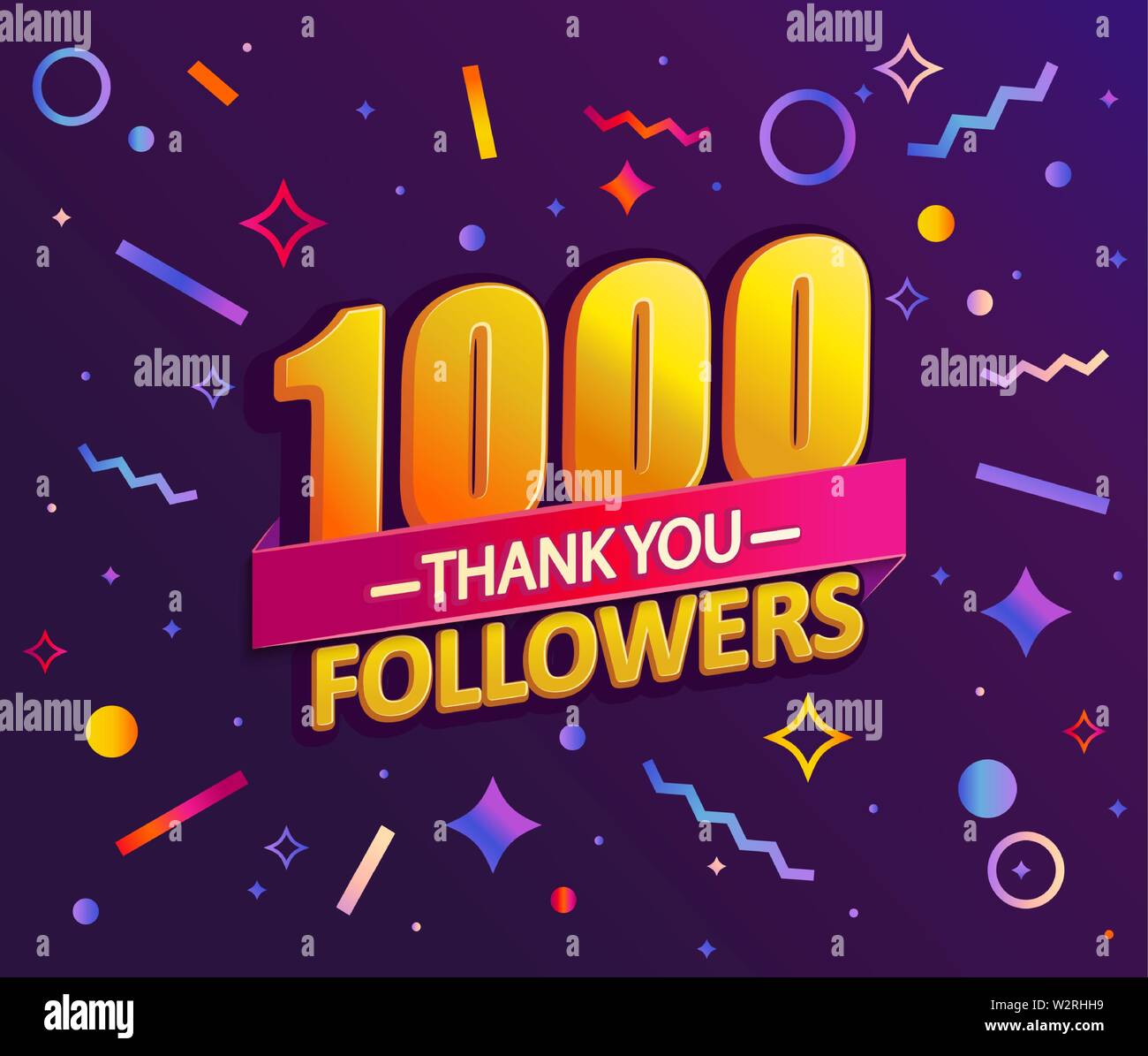 Thank you 1000 followers,thanks banner.First 1K follower congratulation card with geometric figures,lines,squares,circles for Social Networks.Web blog Stock Vector