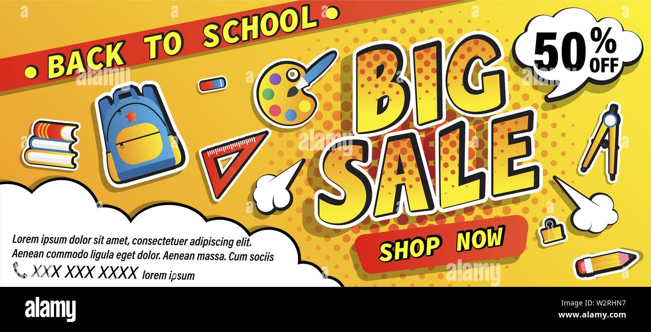 Back to school big sale promotion banner, shop now offer with halftone. Half price discount card with school equipment, backpack, books. Template for Stock Vector
