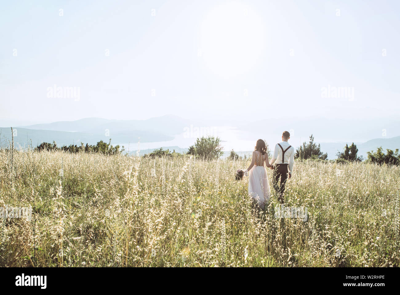 Rear view of a young couple walking in the field Stock Photo - Alamy