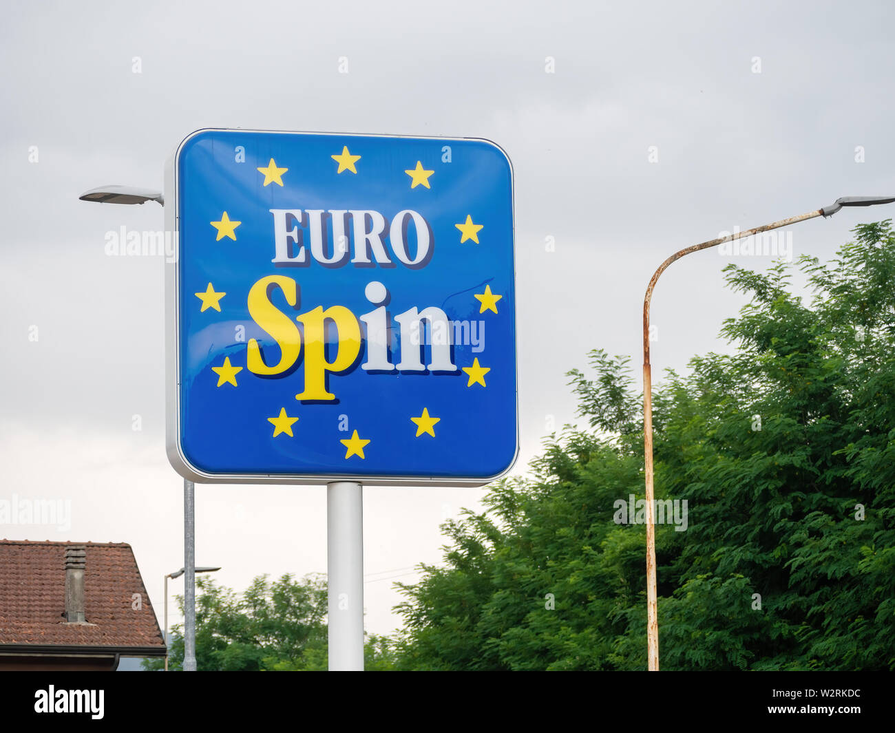 AULLA, MASSA CARRARA, ITALY - JULY 10, 2019: Eurospin discount store sign with logo. The chain is currently expanding in Italy and is also in Slovenia Stock Photo