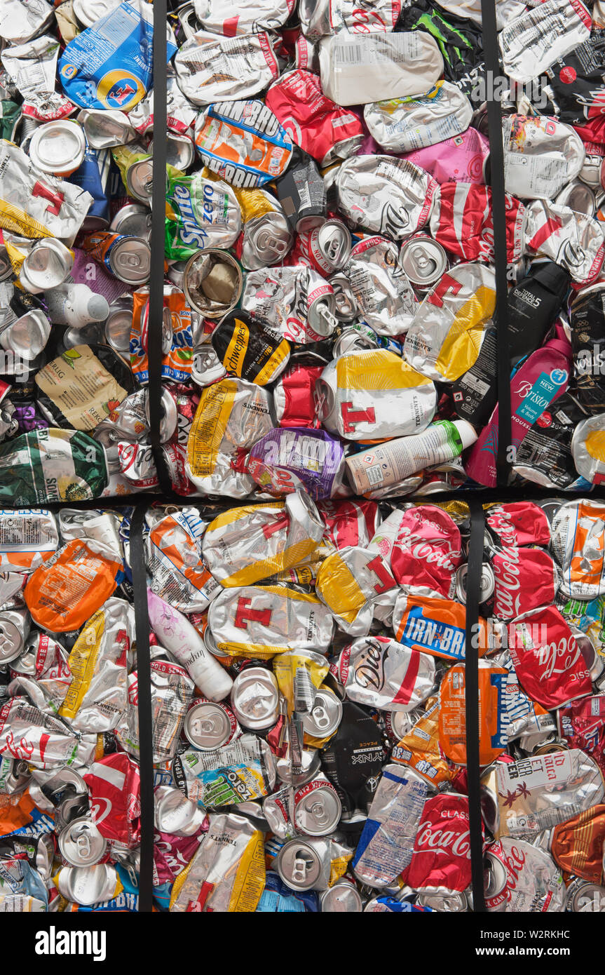 Crushed aluminium cans for processing at a recycling plant Stock Photo