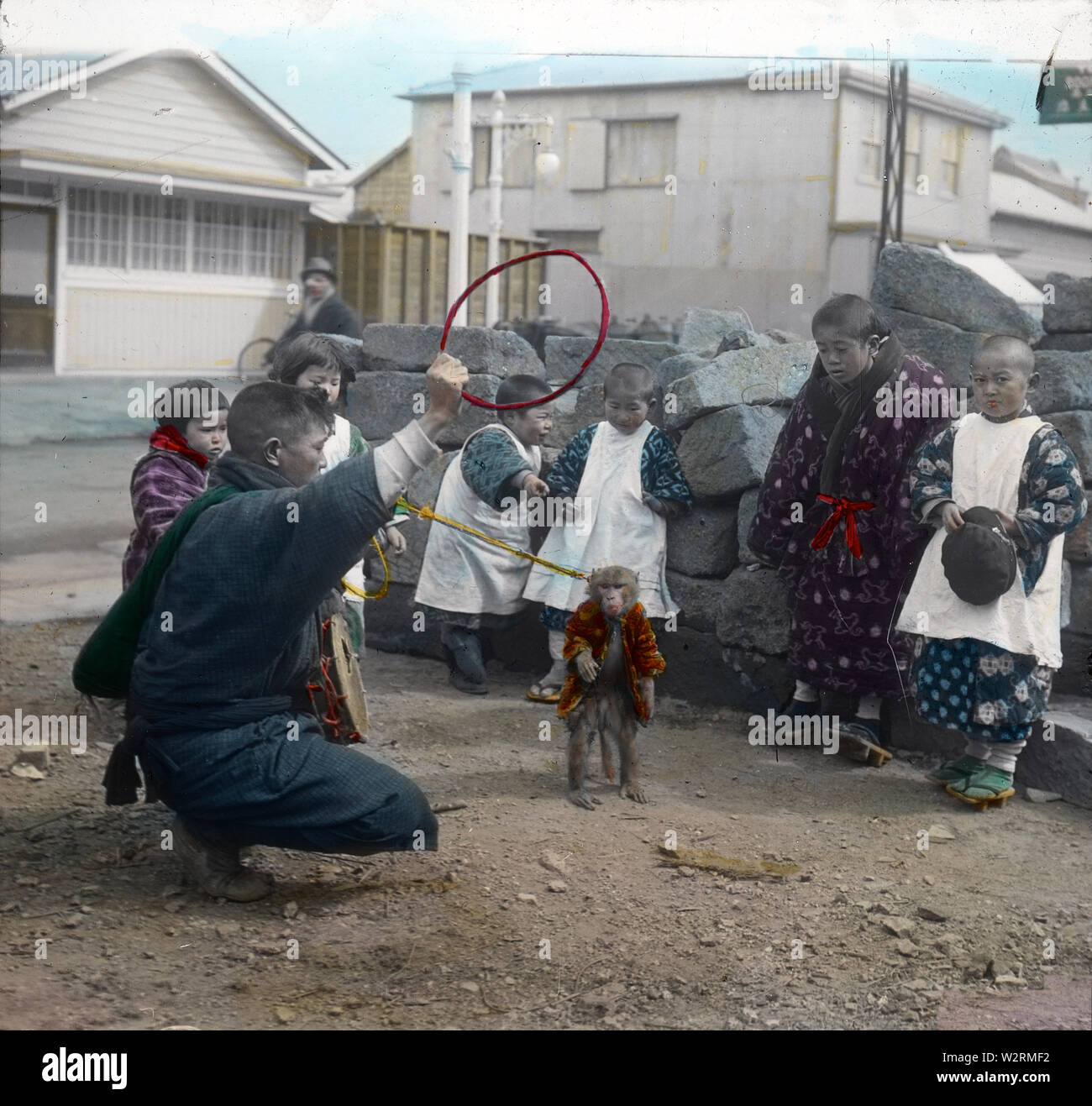 [ 1910s Japan - Japanese Monkey Trainer Entertaining Children ] —   Children observe a traveling monkey trainer and his highly trained Japanese macaque monkey. The art of sarumawashi evolved over a thousand years and was originally a religious ritual designed to protect the horses of samurai. It eventually became a very popular form of entertainment. Featuring acrobatic stunts and comedic skits, the art survived its near death in the 1970s and is still performed today.  20th century vintage glass slide. Stock Photo