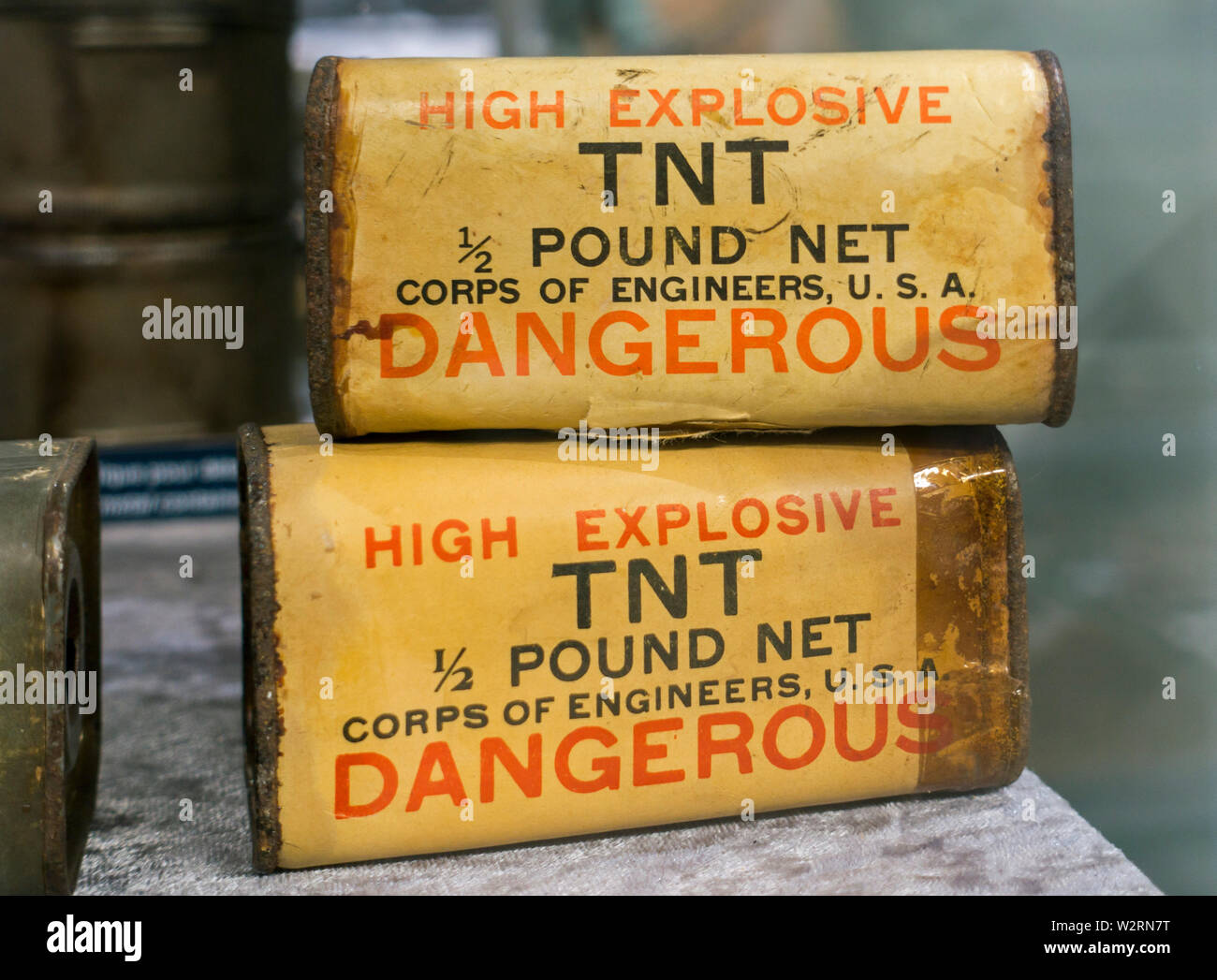 Two WW2 US army half pound TNT high explosive blocks used by the American Corps of Engineers for demolition and sabotage purposes Stock Photo