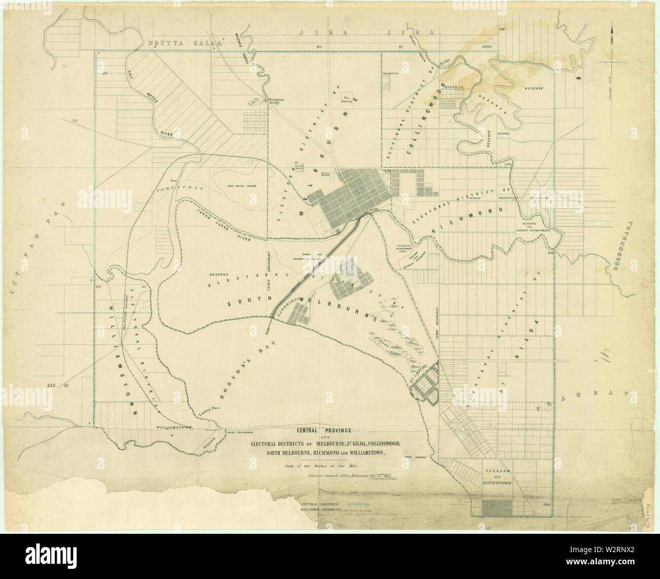 1855 map of Central Province (Victorian Legislative Council) and Victorian Legislative Assembly electoral districts of Melbourne, St. Kilda, Collingwood, South Melbourne, Richmond and Williamstown Stock Photo