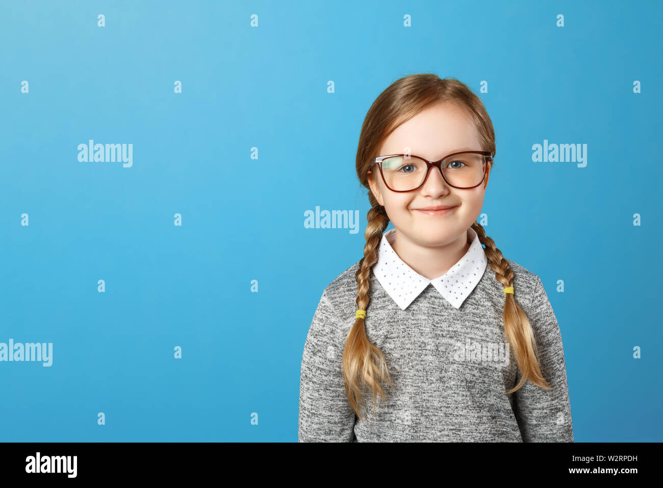Portrait of a charming little girl schoolgirl with glasses. Cute child in a gray sweater on a blue background. Copy space. Stock Photo