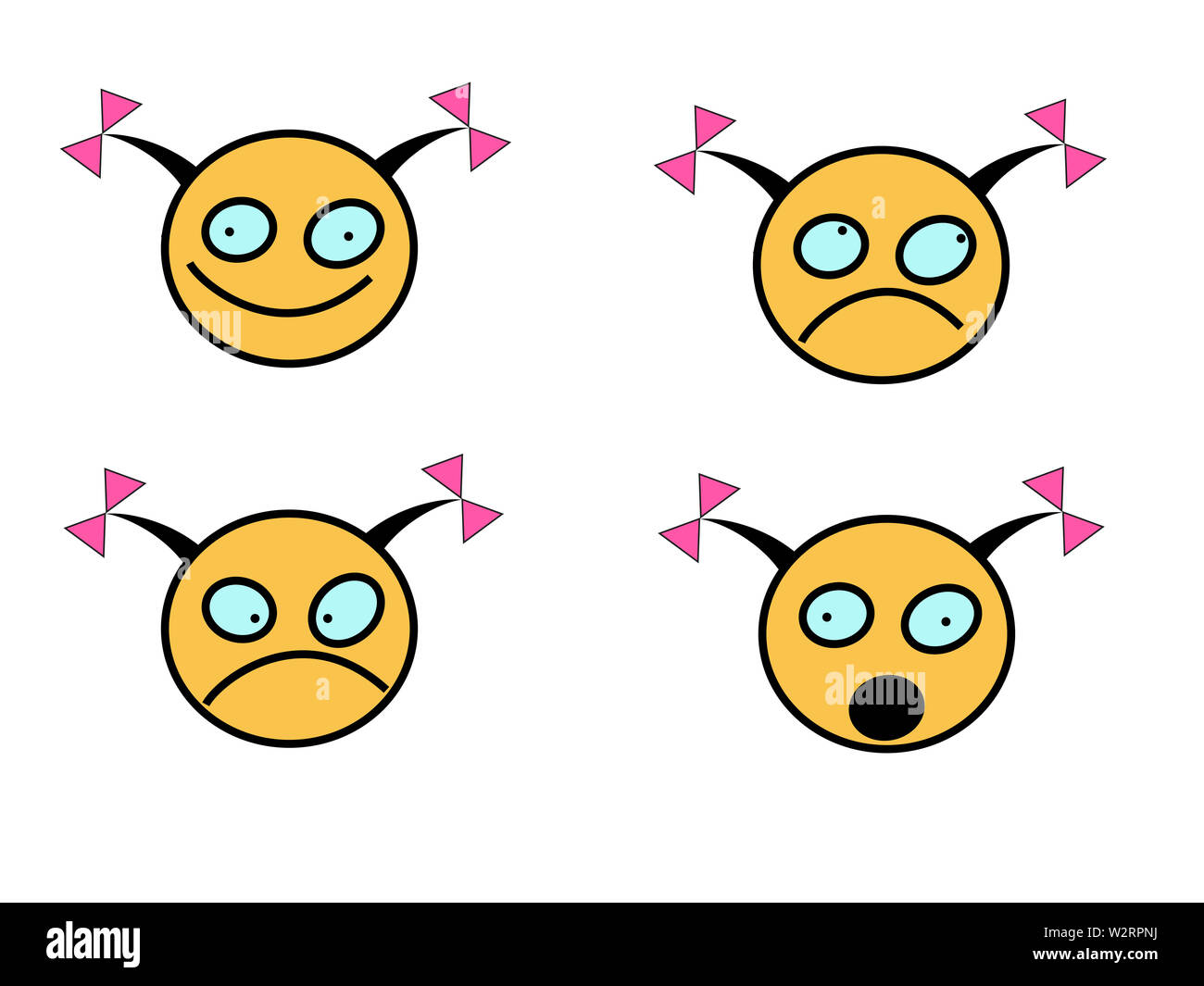 Set of smile emoticons of stupid girl face, flat disighn. Happy, unhappy, surprised and angry smileys. Emoji set. Stock Photo