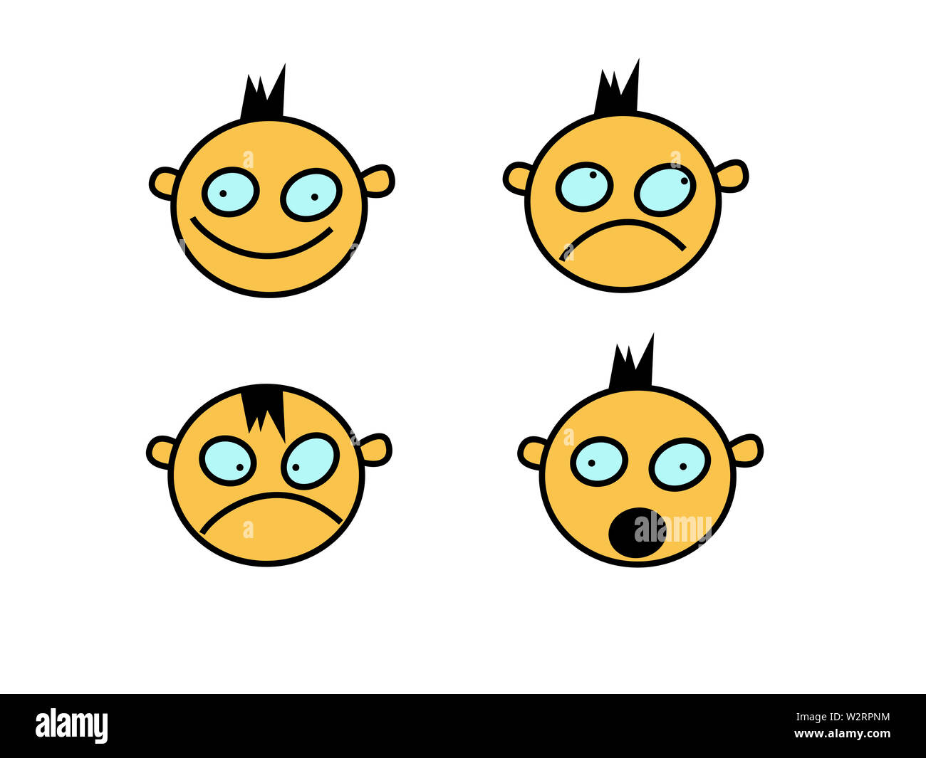 Set of smile emoticons of stupid boy face, flat disighn. Happy, unhappy, surprised and angry smileys. Emoji set. Stock Photo