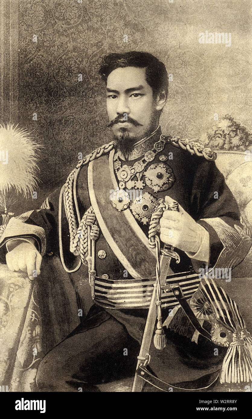 [ 1880s Japan - Emperor Meiji ] —   One of the more famous portraits of Emperor Meiji (1852–1912), here dressed in military uniform. Although this image is often wrongly believed to be a photograph, it is actually a very faithful drawing by Italian o-yatoi gaikokujin (foreign advisor hired by the Japanese government) Edoardo Chiossone (1833- 1898).  19th century vintage print. Stock Photo