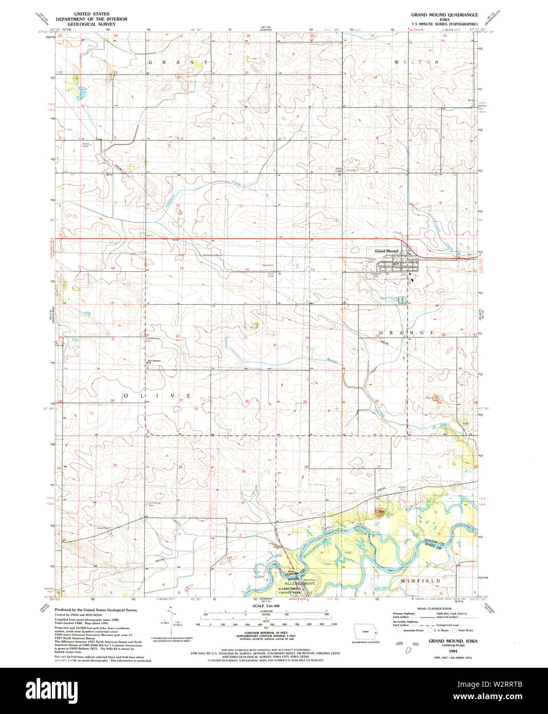 USGS TOPO Maps Iowa IA Grand Mound 174744 1991 24000 Restoration Stock Photo