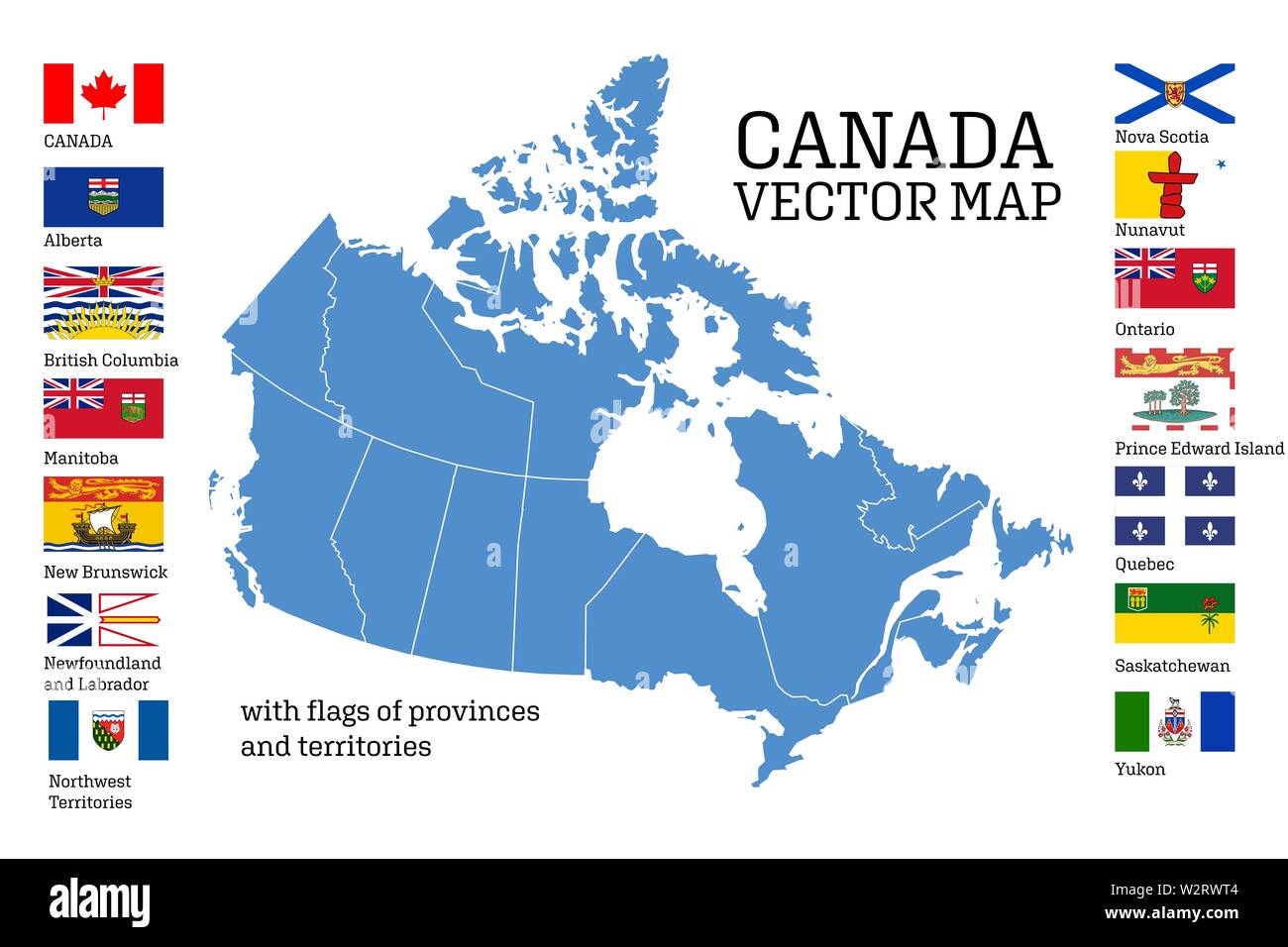 Canada map with flags of provinces and territories. Vector illustration. Ottawa, Toronto, Vancouver Stock Vector