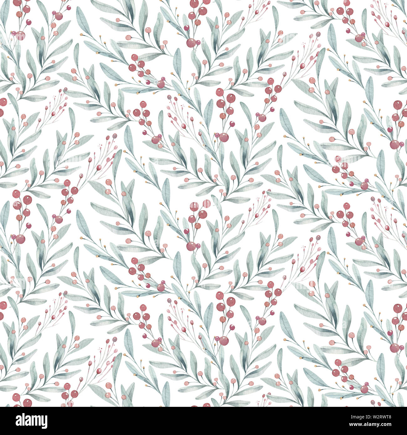 Seamless floral pattern with watercolor blue branches with leaves, hand ...