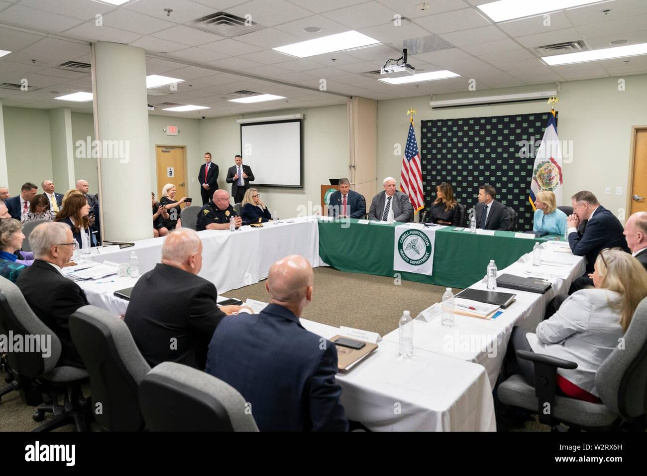 U.S First Lady Melania Trump participates in an opioid crisis roundtable discussion with state and local community leaders at the Cabell-Huntington Health Department July 8, 2019 in Huntington, West Virginia. Stock Photo