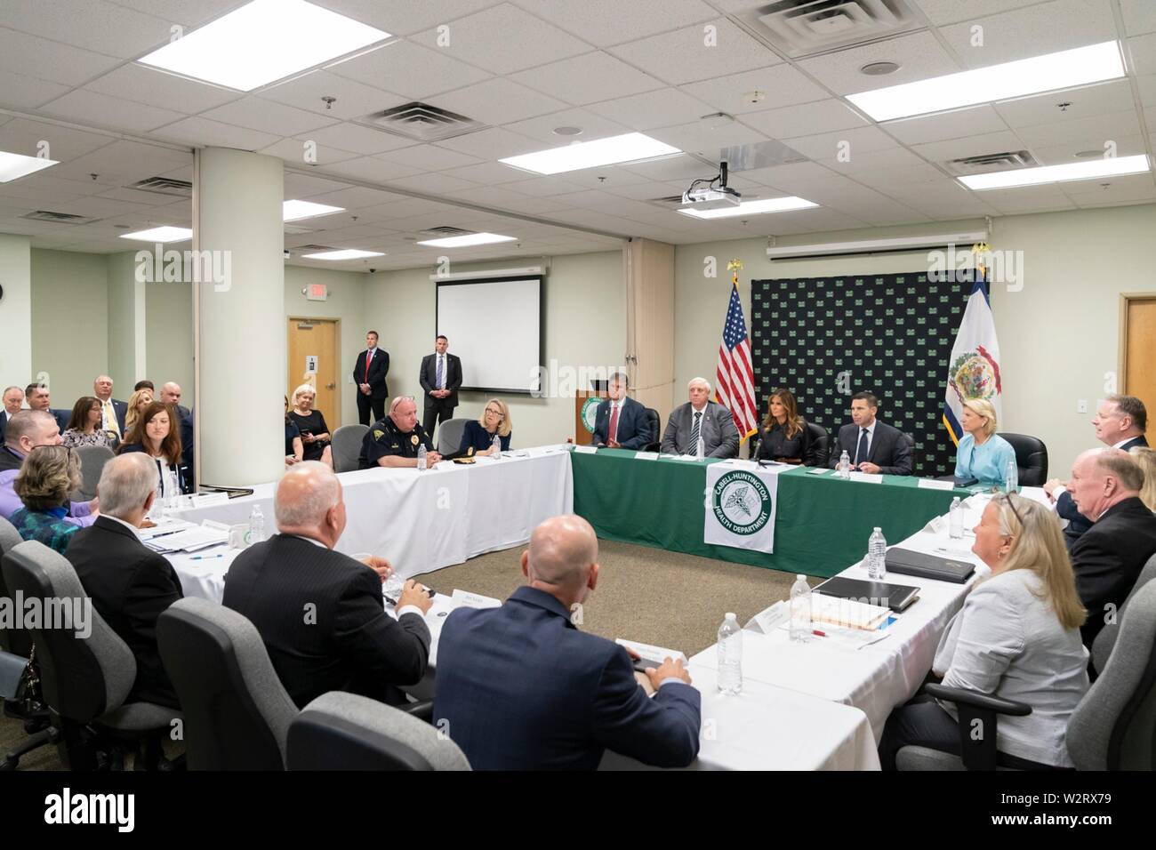 U.S First Lady Melania Trump participates in an opioid crisis roundtable discussion with state and local community leaders at the Cabell-Huntington Health Department July 8, 2019 in Huntington, West Virginia. Stock Photo