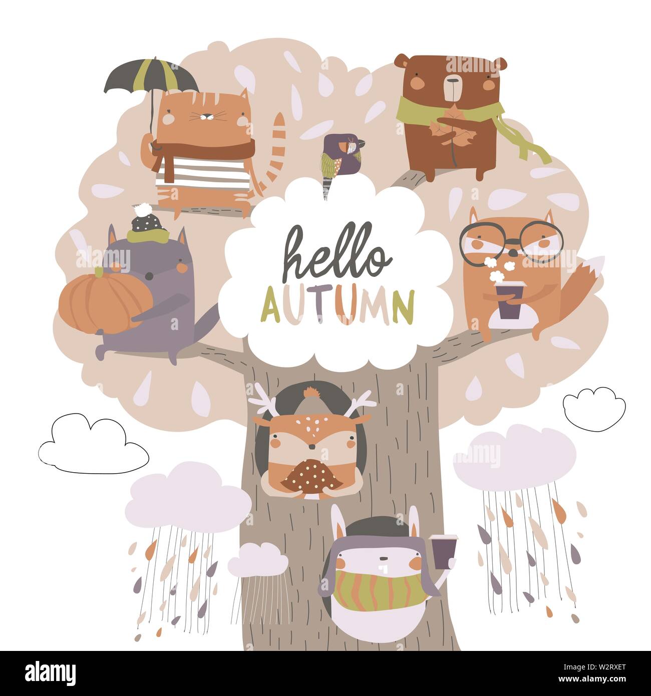 Cute animals sit on autumn tree on white background Stock Vector