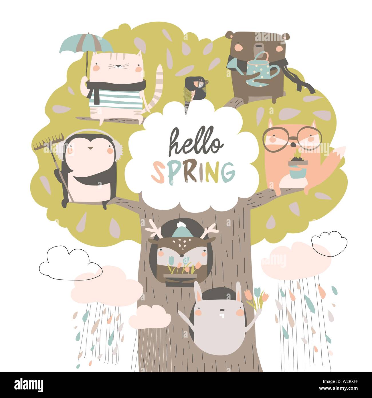 Cute animals sit on spring tree on white background Stock Vector Image ...