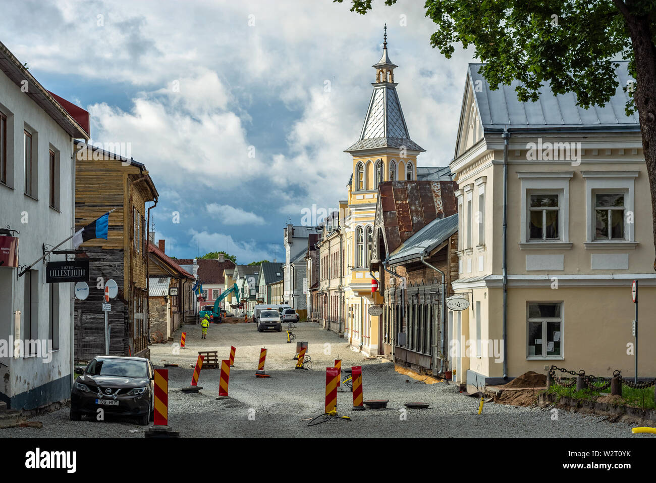 Rakvere, Estonia, June 27: Reconstruction of the pavement of the roadway and sidewalk of Peak Street in the old part of Rakvere, June 27, 2019. Stock Photo
