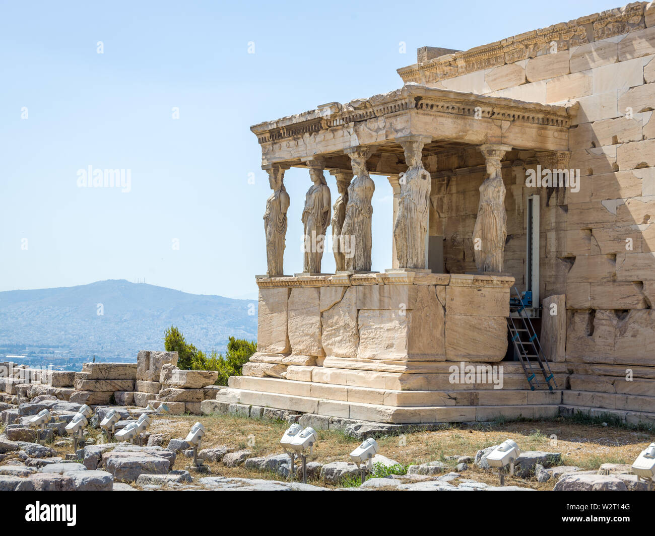 Athens, Greece, 9 July 2019 - The Caryatids porch of the historic Erectheion temple in Athens's Acropolis. Photo by Enrique Shore/Alamy Stock Photos Stock Photo