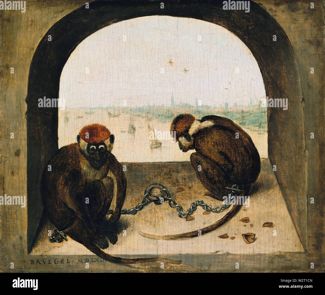 Two Chained Monkeys (Twee Geketend Apen) (1562) painting by Pieter Bruegel (Brueghel) the Elder (I) Very high quality and resolution image Stock Photo