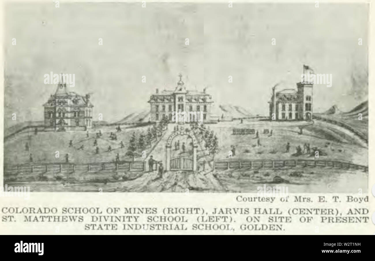 Colorado School of Mines, Jarvis Hall, and St. Mattews Divinity School in Golden, Colorado. The illustration would have had to have been made before 1882 when Jarvis Hall was established in Denver. Stock Photo