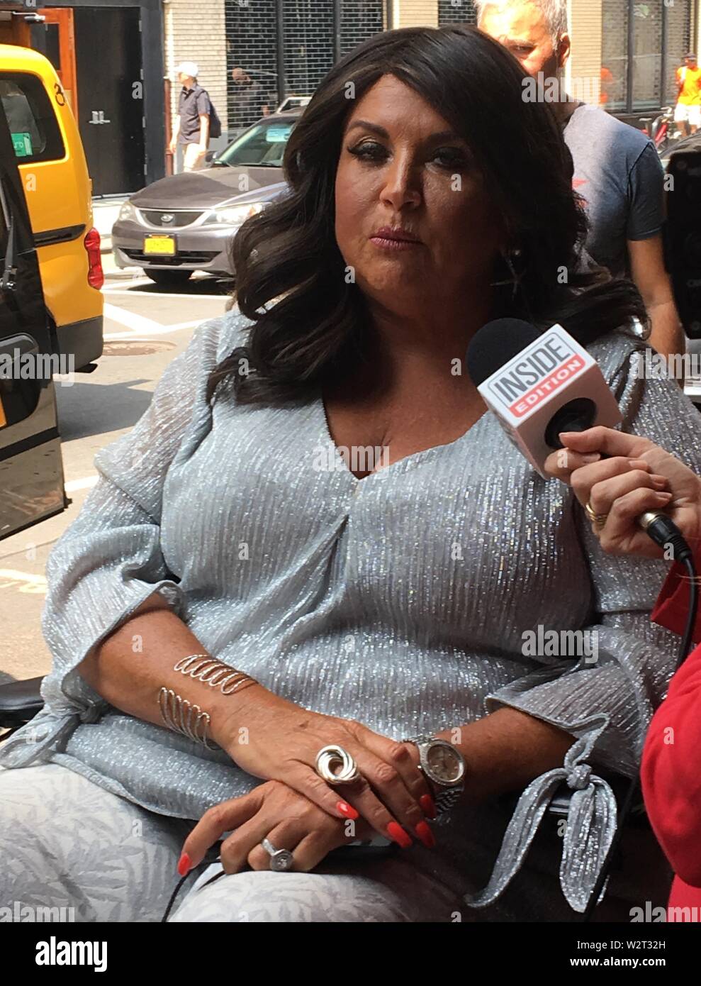 New York, NY, USA. 10th July, 2019. 'Dance Moms' star Abby Lee Miller stops to talk to the press about her incident at the airport with American Airlines as she leaves 'The Wendy Williams Show' in New York, New York on July 10, 2019. Credit: Rainmaker Photo/Media Punch/Alamy Live News Stock Photo