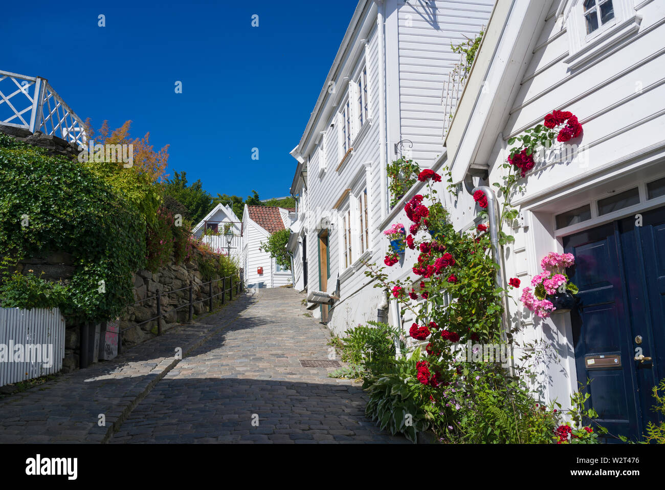 Historic old streets of Gamle Stavanger (Old Stavanger) Norway wind amidst historic wooden buildings and quaint homes. Stock Photo