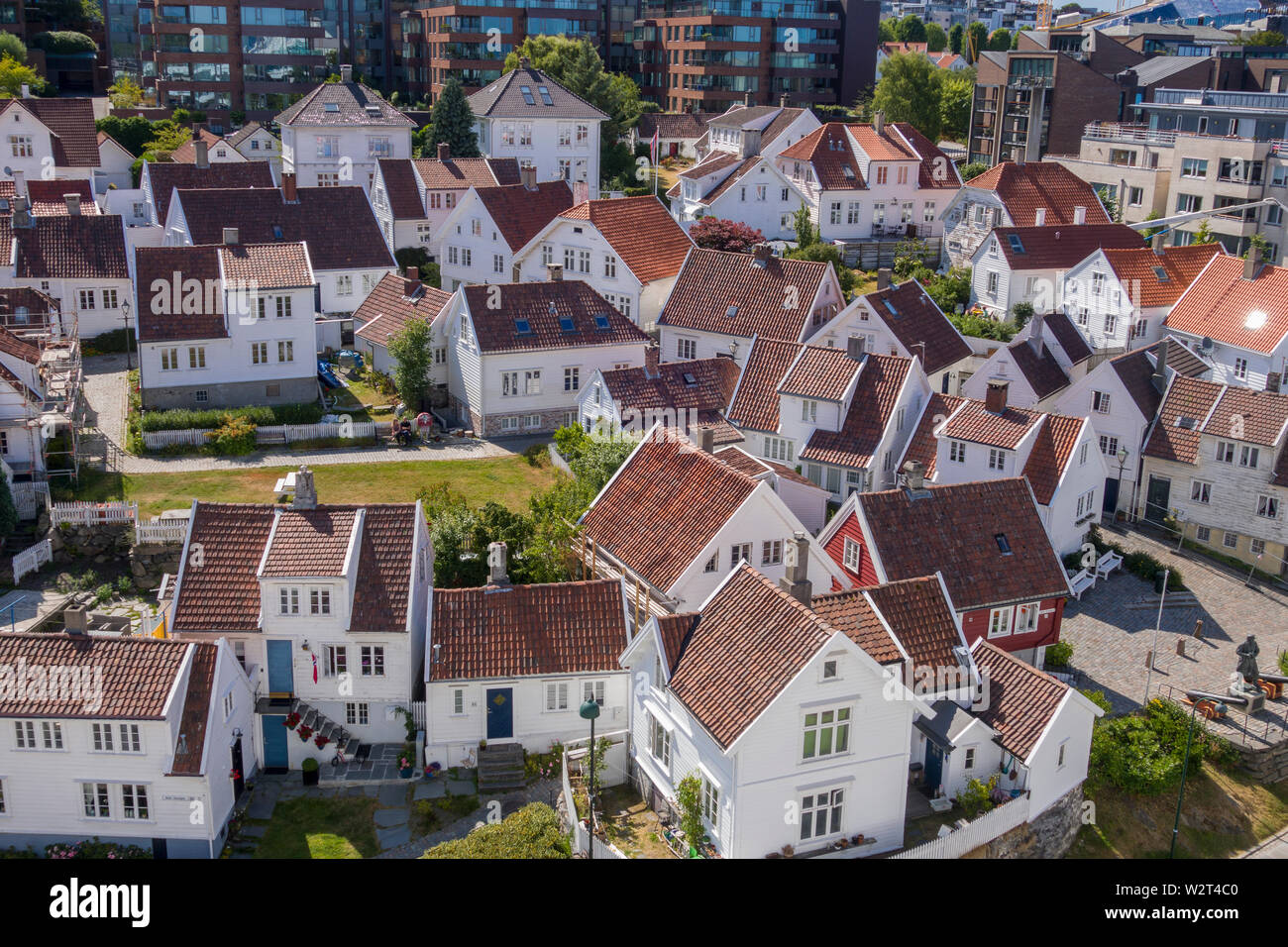 Elevated view of Gamle Stavanger (Old Stavanger) Norway with its wooden buildings and narrow streets. Stock Photo