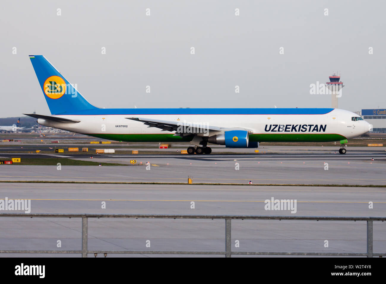 FRANKFURT / GERMANY - APRIL 10, 2015: Uzbekistan Airways Cargo Boeing 767-300 UK-67002 cargo plane departure at Frankfurt Airport Stock Photo