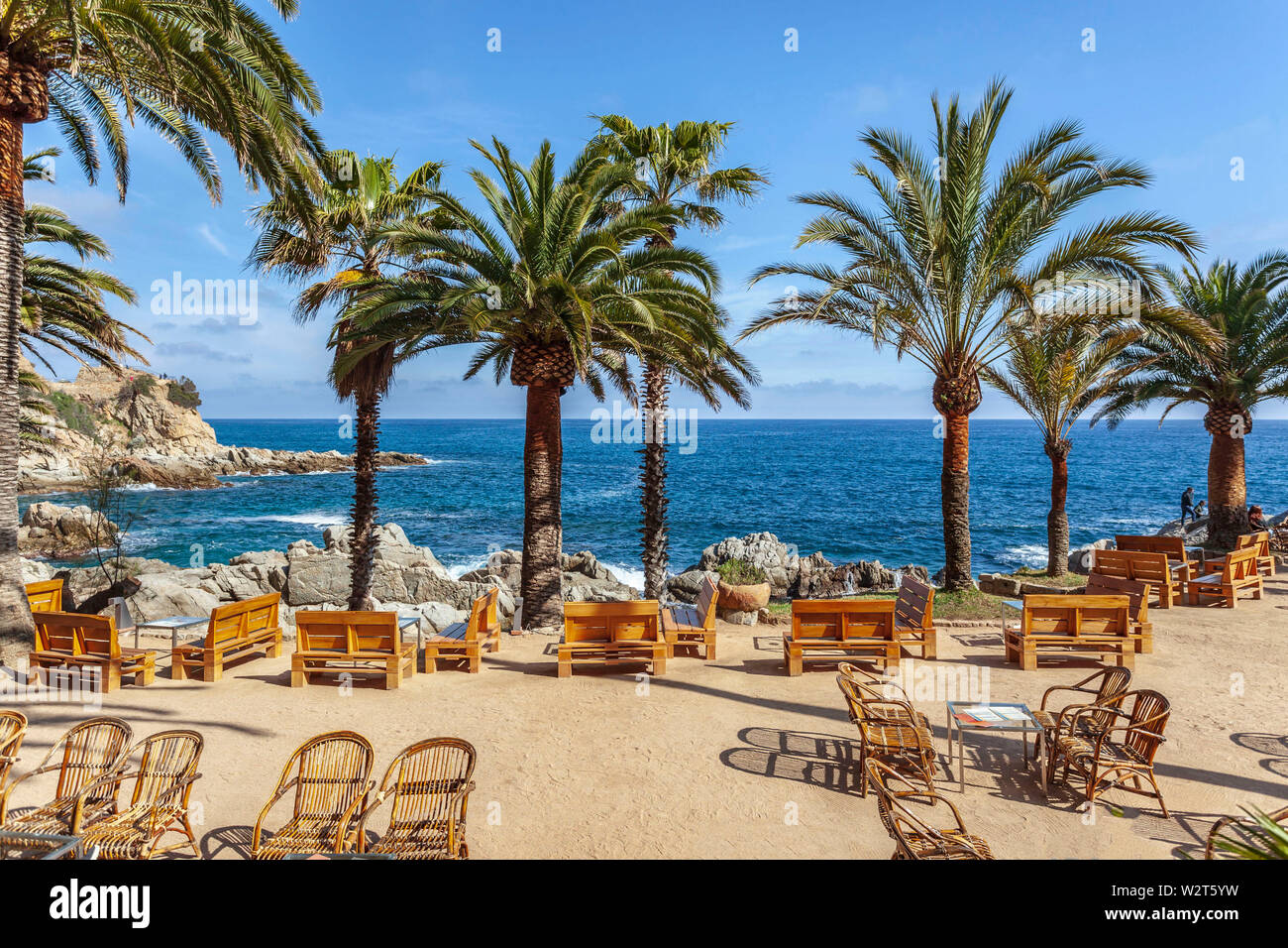 Bar terrace by the mediterranean sea in Lloret de Mar, Costa Brava, Catalonia, Spain. Stock Photo