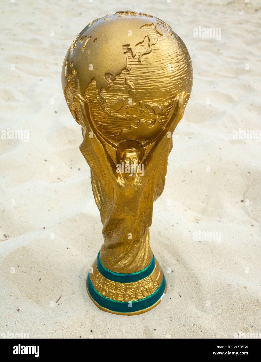 May 30, 2019. Doha, Qatar. FIFA World Cup trophy on sand. FIFA World Cup  2022  will be held in Qatar. Stock Photo