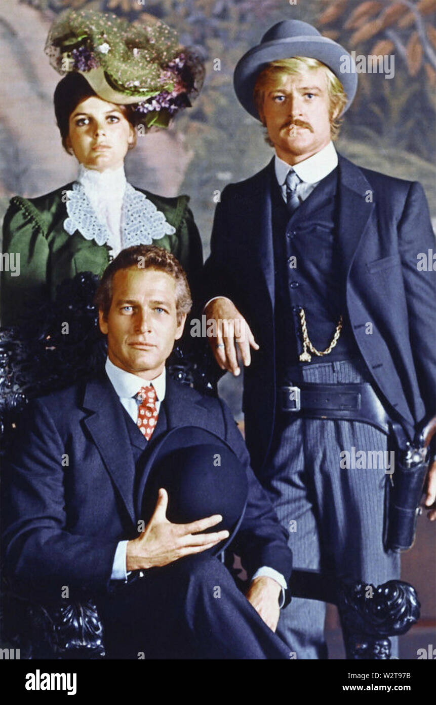 BUTCH CASSIDY AND THE SUNDANCE KID 1969 20th Century Fox film with Katherine Ross, Robert Redford, Paul Newman seated Stock Photo