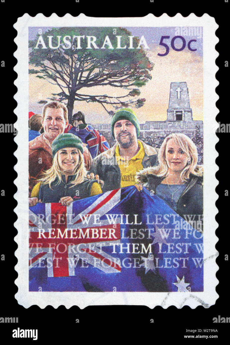 AUSTRALIA - CIRCA 2008: A stamp printed in Australia shows Young with the flag and the slogan Lest We Forget - We Will Remember Them, circa 2008 Stock Photo