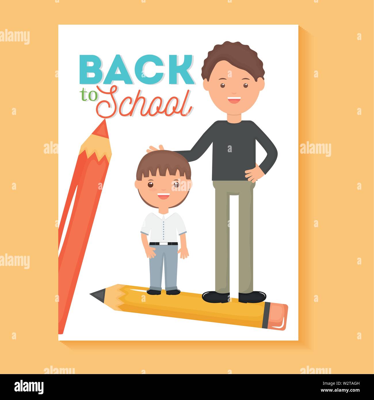 young male teacher with student boy and pencils vector illustration ...