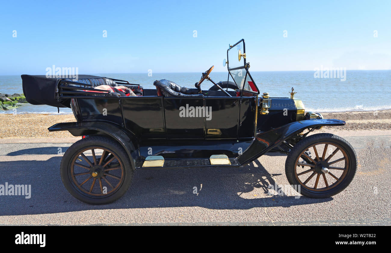 Vintage Black Model T Ford Motor Car Parked on Seafront Promenade. Stock Photo