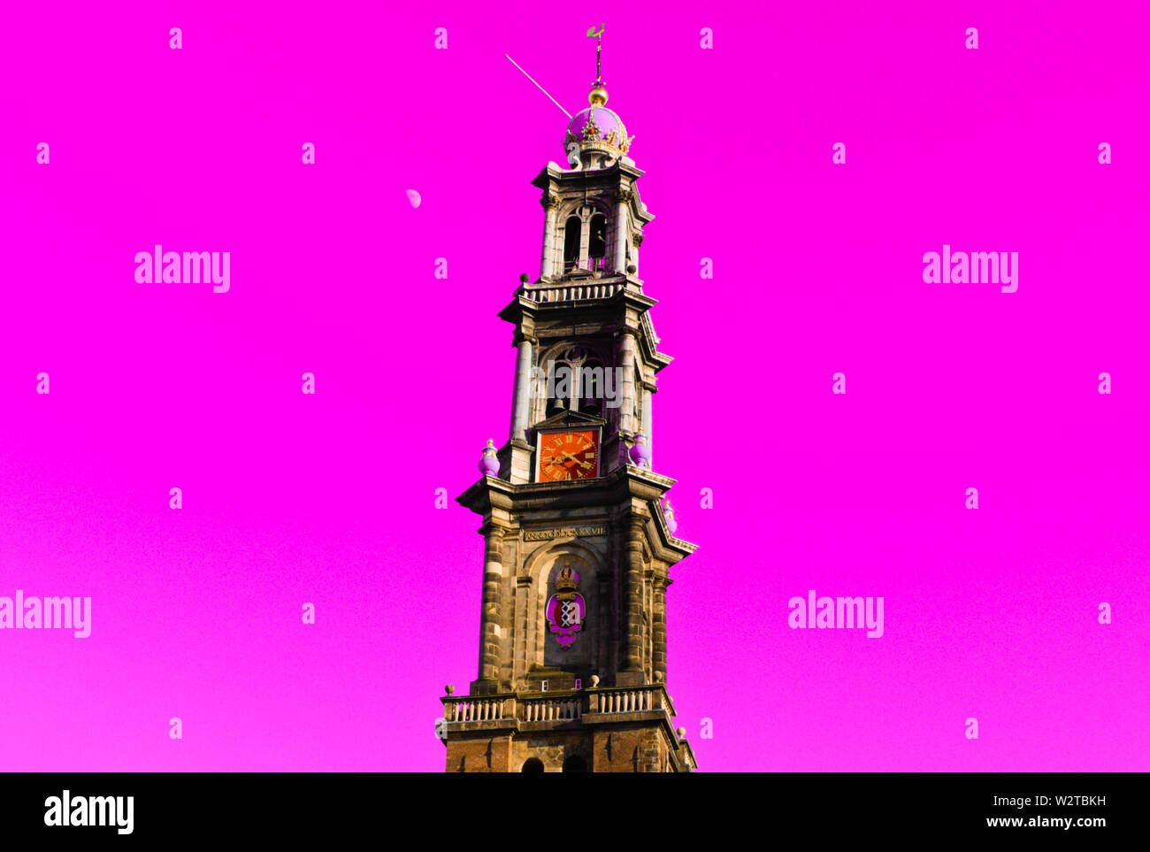 wester church amsterdam daytime with the moon in the background sky is edited to look pink Stock Photo