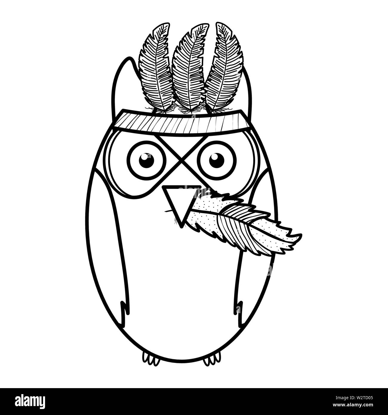 owl bird with feathers hat bohemian style vector illustration design ...