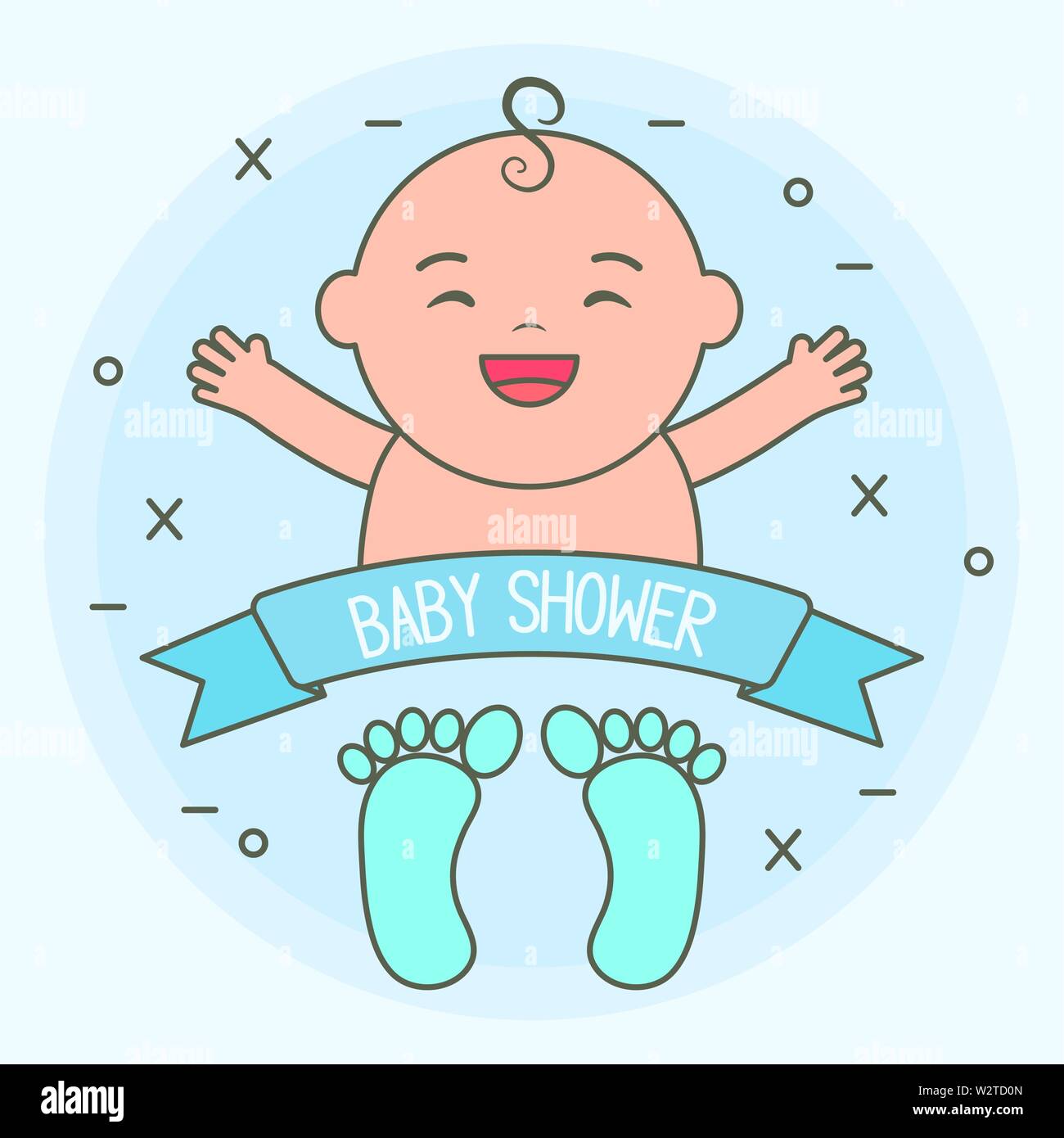 cute little baby boy with ribbon and footprint vector illustration ...