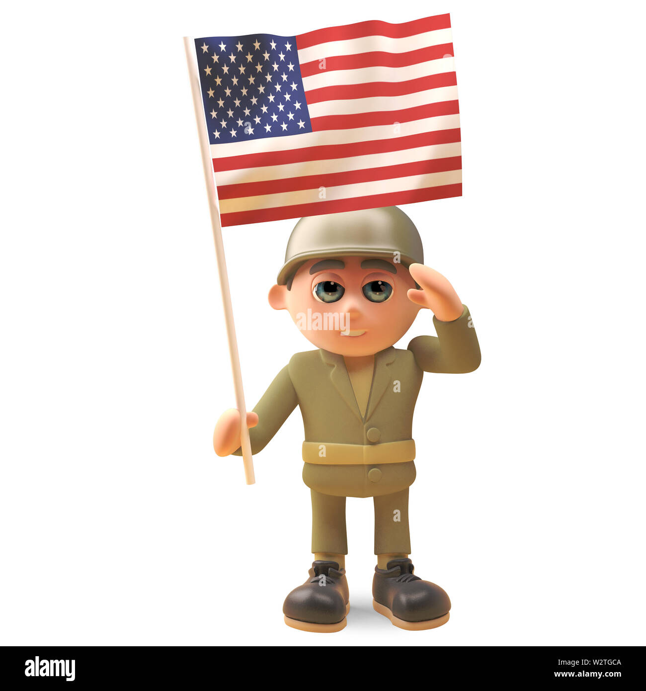 Brave army soldier salutes as he holds the American flag, 3d