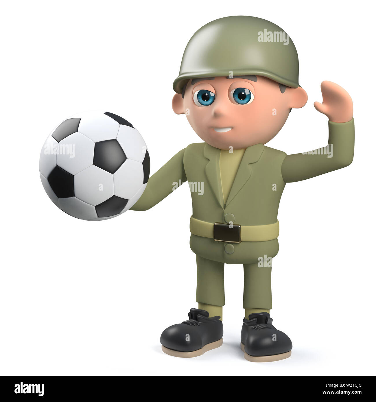 Render of a 3d army soldier character holding a soccer ball Stock Photo