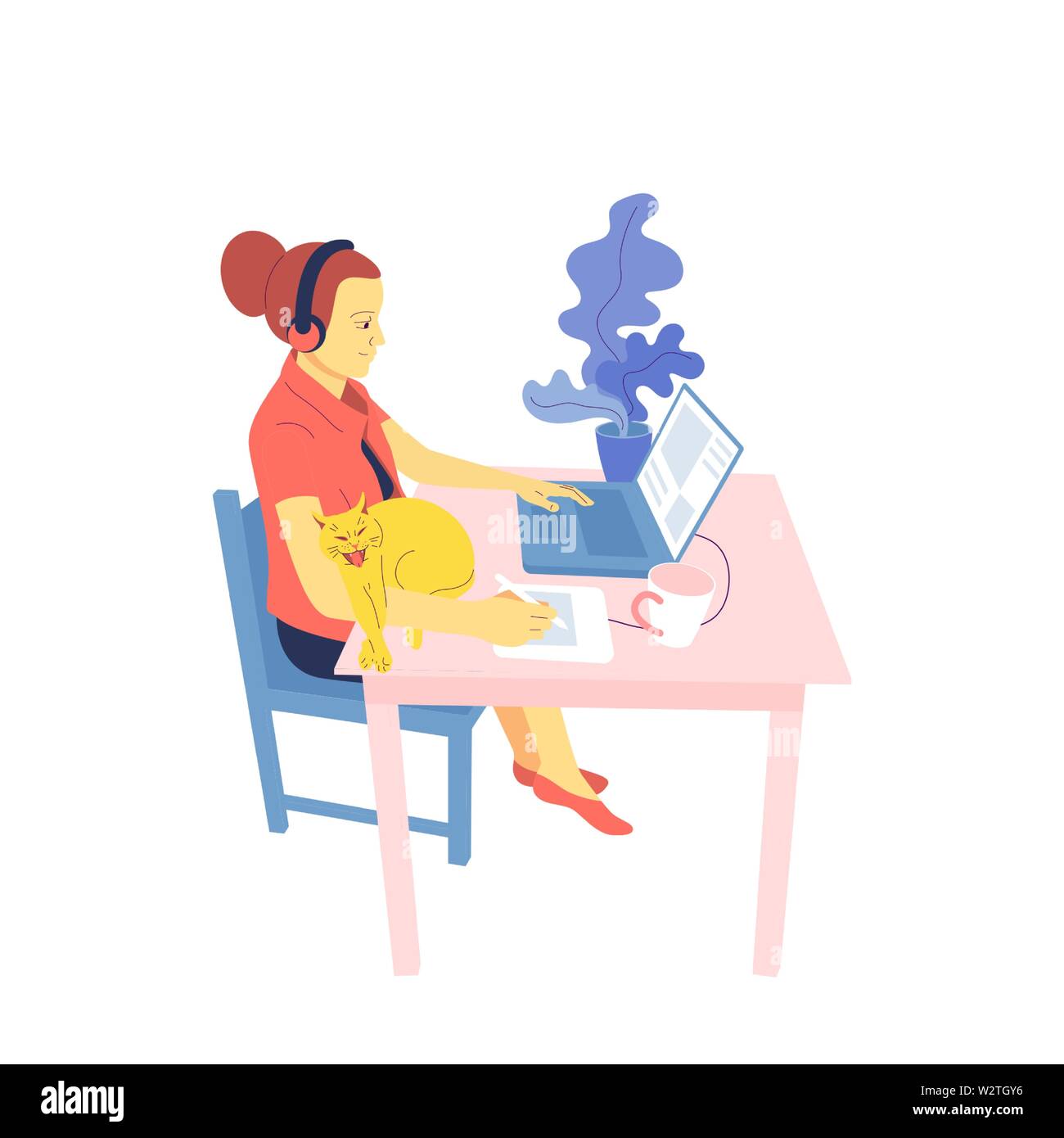 Flat style girl designer is sitting at desk and working with laptop ...