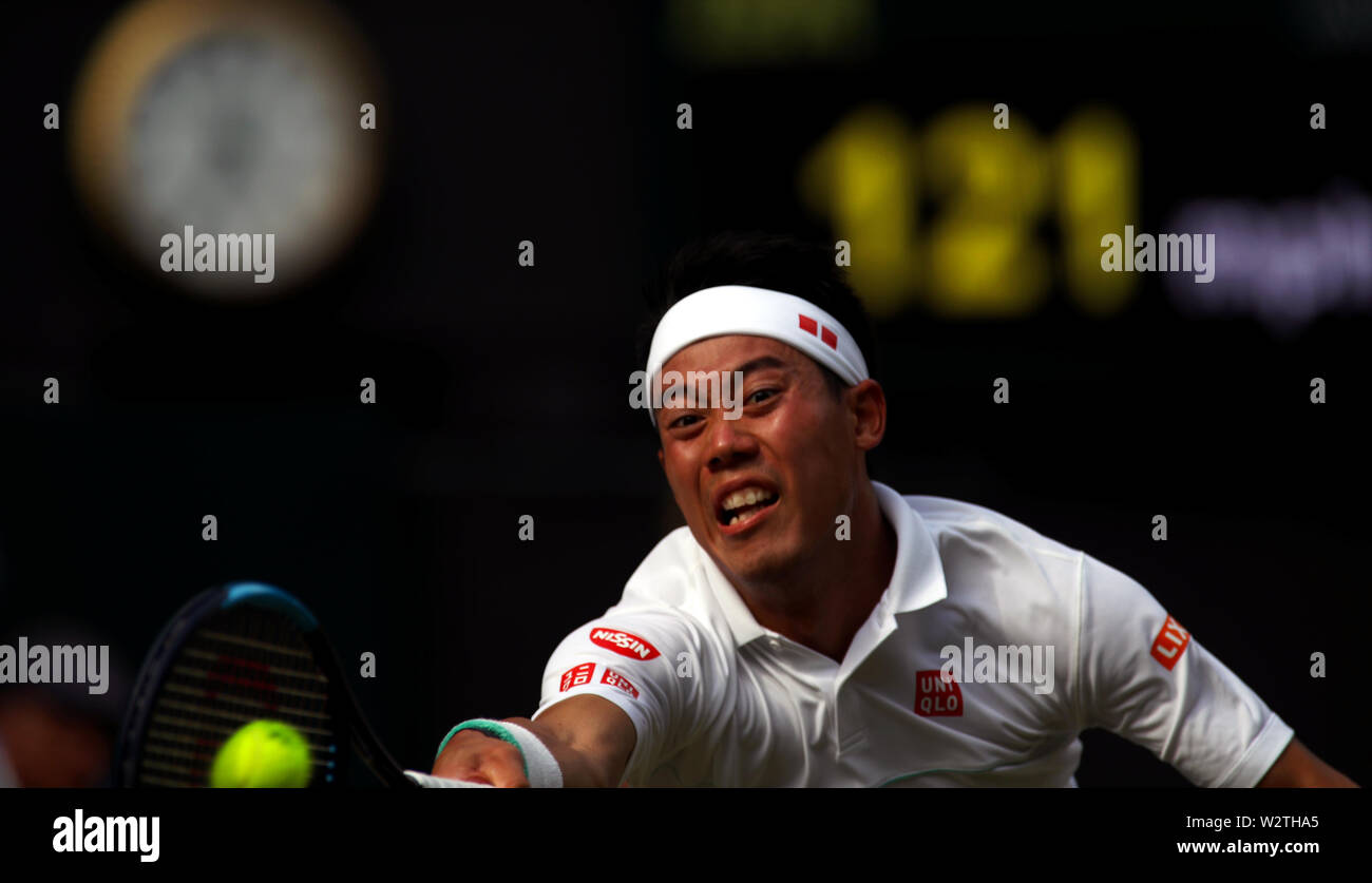 Wimbledon, UK. 10th July, 2019. Kei Nishikori of Japan during his quarterfinal match against Roger Federer at Wimbledon today. Federer won the match in four sets. Credit: Adam Stoltman/Alamy Live News Stock Photo