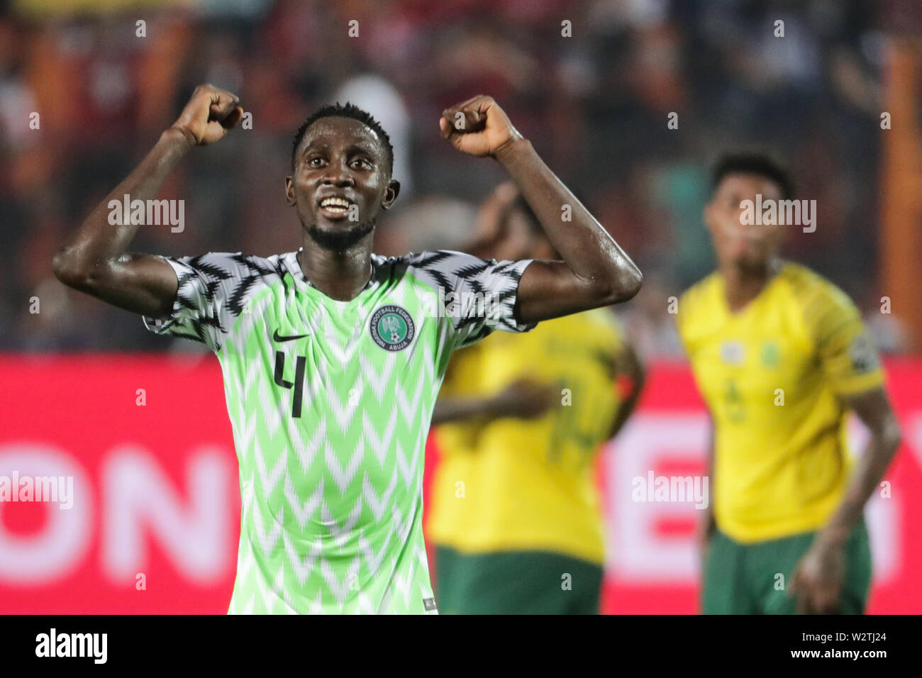 10 July 2019, Egypt, Cairo: Nigeria's Wilfred Ndidi celebrates his team's victory after the 2019 Africa Cup of Nations quarter final soccer match between Nigeria and South Africa at the Cairo International Stadium. Photo: Oliver Weiken/dpa Stock Photo